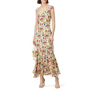 Saloni Daphne C Yellow Floral Print Cap Sleeve Silk Maxi Dress Women's Size 12